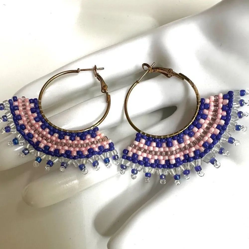 Blue and pink beaded hoop earrings